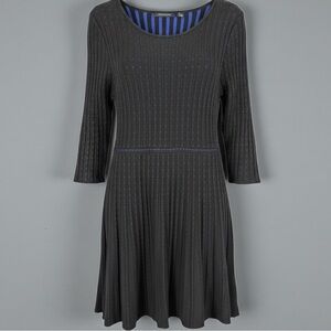Nina Leonard Black Pleated Sweater Knit Fit & Flare Dress Blue Dot Detail Size M